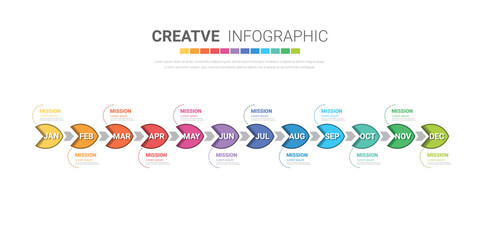 Timeline presentation for 12 months, 1 year, Timeline infographics design vector and Presentation business can be used for Business concept with 12 options, steps or processes.