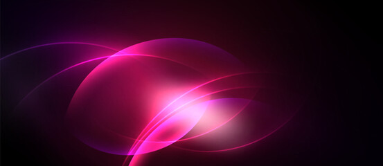 Abstract pink glowing lines overlap dark background. Smooth curves create dynamic visual effect. Brightness contrasts with shadows.