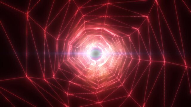 Abstract red wireframe tunnel illuminated by glowing light patterns converging to a bright core, isolated on white background