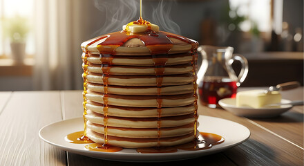 Ultra realistic stack of pancakes with syrup dripping and butter melting on top under morning light