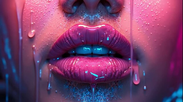 A close up of a woman's lips with water droplets on them