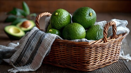 A rustic wicker basket filled with avocados and limes placed on a cloth, showing fresh natural produce in a kitchen setting