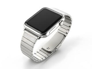 Sleek Smartwatch Featuring Blank Display and Stainless Steel Bracelet Set on Pristine White Background Ideal for Digital Mockups and Product Demonstrations Showcase Modern Tech Style