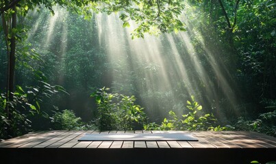 Empty yoga mat on wooden deck in lush green jungle with majestic sun rays