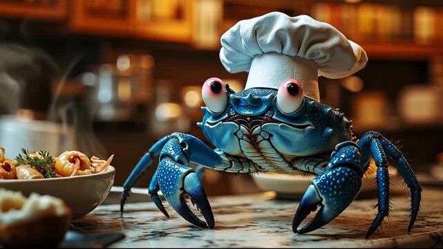A blue crab wearing a chef's hat sitting on a kitchen counter