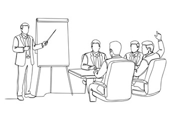 Dynamic continuous line drawing illustrating a professional business meeting and presentation discussion