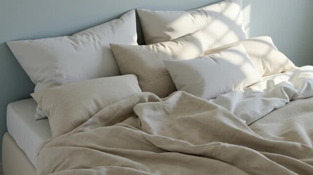 A close-up shot of a made bed with soft pillows and a rumpled duvet, bathed in natural light