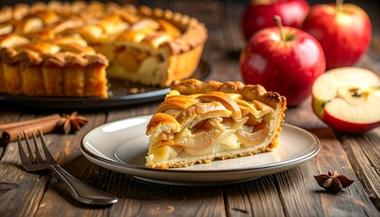 Delicious Apple Pie Slice on Plate with Whole Pie.