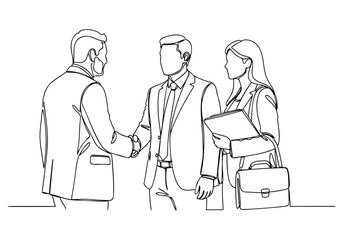 Minimalist continuous line drawing depicting a successful business handshake and team meeting