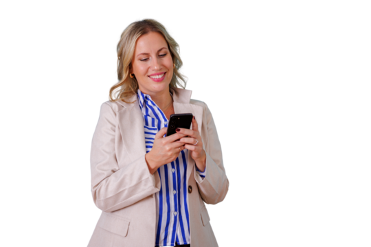 Businesswoman smiling and holding a mobile phone, sending messages and managing her online network. Background is transparent