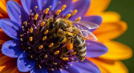 Macro shot of a honeybee collecting pollen on a colorful flower, nature and ecosystem