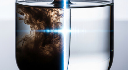 Contrasting glasses of dirty water being purified into clean water, water purification concept, copy space