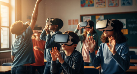 Diverse children wearing VR goggles in the classroom to experience virtual reality, the future of education
