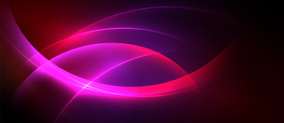 Abstract design features vibrant curves, glowing lines. Pink, purple hues dominate dark background. Modern, dynamic composition.