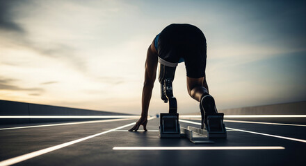 A para-athlete with a prosthetic leg stands in the starting blocks of a track, showing his challenge and determination