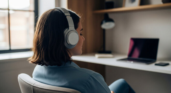 Rear view of a woman relaxing at her desk at home with headphones on