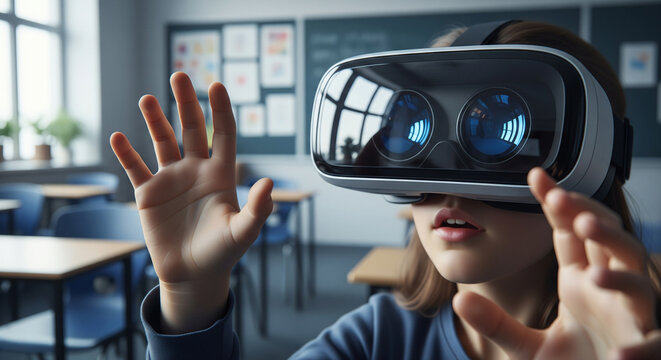 Girl wearing VR goggles experiencing virtual reality in classroom, future education concept