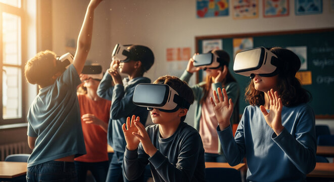 Diverse children wearing VR goggles in the classroom to experience virtual reality, the future of education
