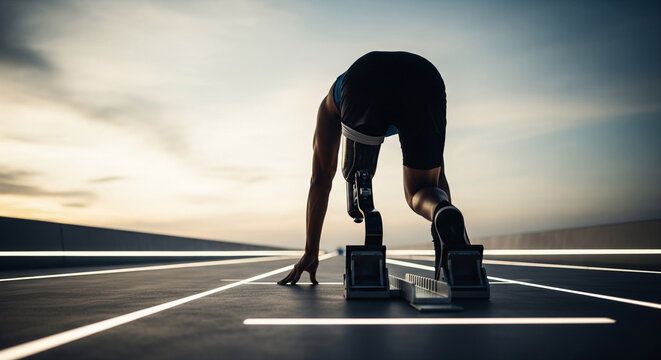 A para-athlete with a prosthetic leg stands in the starting blocks of a track, showing his challenge and determination - Powered by Adobe