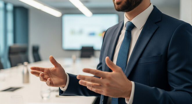 A businessman in a suit giving a speech with gestures in a conference room