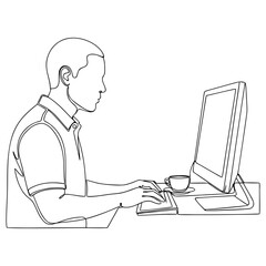 Focused individual working on a computer, a dynamic continuous line drawing for modern work and technology concepts