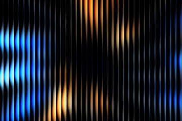 Abstract technology background with 3D vertical panels. Dynamic glowing light wave with blue and orange color gradient. Motion blur effect on black striped texture.