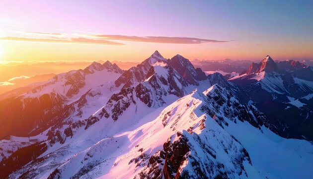 A breathtaking aerial view of a vast, snow-covered mountain range at sunrise, showcasing jagged peaks and a vibrant sky.
