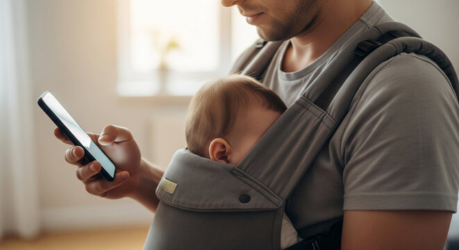 A father operating a smartphone while holding his baby in a baby carrier