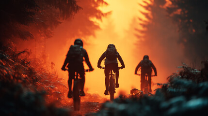 Fototapeta premium Three cyclists ride along a forest trail illuminated by fiery orange glow from mist and sunset. 