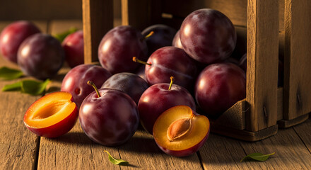 Wooden table and wooden box full of fresh plums, cut in half and cross-sections