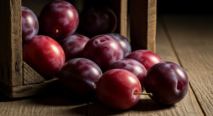 Close-up of fresh plums overflowing on a wooden table and in a wooden box