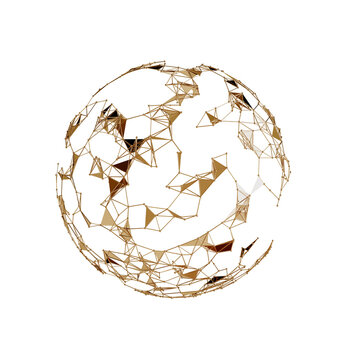 3d rendering low poly sphere made of lines and polygons, abstract geometric golden design element