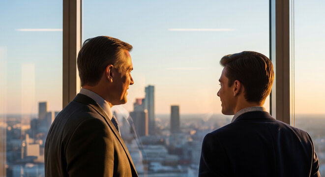 Senior executives and their successors discuss their vision for the future by the office window, mentorship