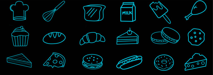 Neon blue food icon set on dark background featuring snacks, desserts, bakery items, and drinks for menus, posters, and modern digital designs.
