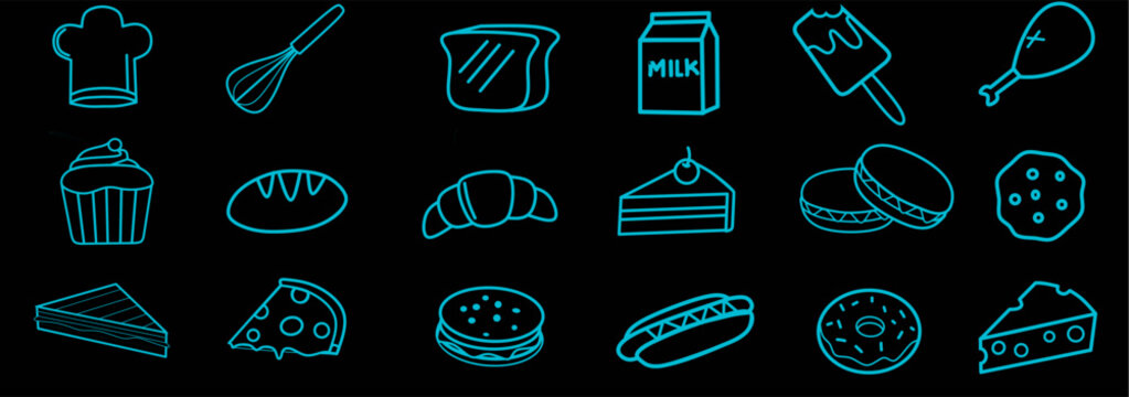Neon blue food icon set on dark background featuring snacks, desserts, bakery items, and drinks for menus, posters, and modern digital designs.
