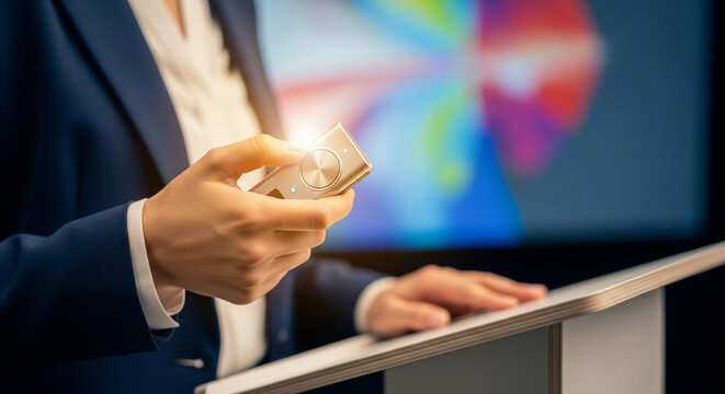 Woman's hand operating a clicker (remote control) on a podium during a presentation