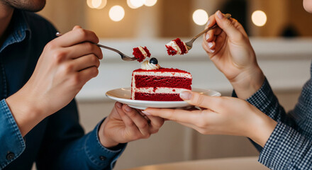 A couple sharing a piece of red velvet cake with a fork at a cafe