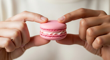 Close-up of two people tenderly sharing pink macaroons, Valentine's Day or gift concept