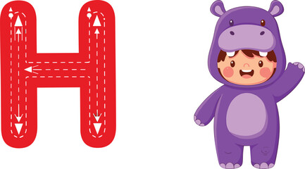 Educational illustration showing letter H stroke order with arrows and cute cartoon child in hippopotamus costume, learning alphabet writing concept