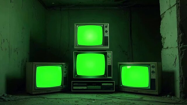Vintage TVs with green screens are arranged in a dimly lit, decaying room with exposed wires