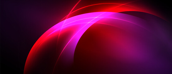 Abstract design features vibrant curves, glowing lines. Dark background emphasizes bright magenta, crimson hues. Modern, dynamic composition.