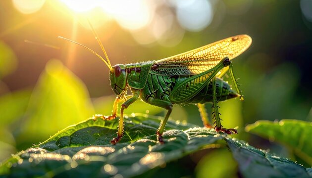 A detailed macro shot of a vibrant green grasshopper with translucent wings, resting on a wet leaf, illuminated by soft, golden sunlight.