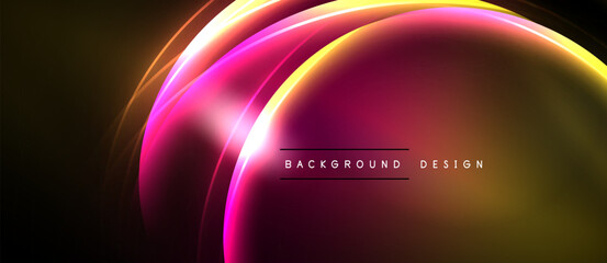 Abstract vibrant design features flowing curves, gradients. Pink, orange hues dominate dark background. Modern aesthetic.