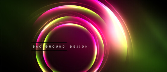 Abstract neon circles overlap, creating vibrant light effects. Dark background emphasizes glowing colors, modern design element.