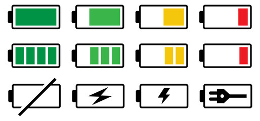 Battery icon set in black and colours. Colourful style vector icons. Battery charge indicator. Battery level, energy, full. Power low up status batteries logo. vector icons.