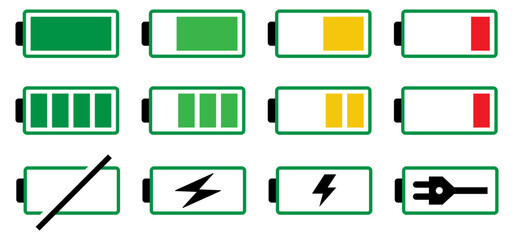 Battery icon set in black and colours. Colourful style vector icons. Battery charge indicator. Battery level, energy, full. Power low up status batteries logo. vector icons.