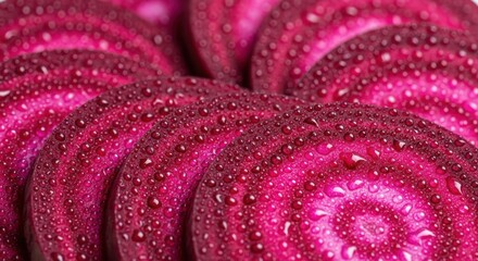 Colorful slices of beetroot with droplets create a vibrant and fresh visual display