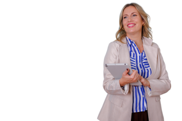 Professional businesswoman holding digital tablet, smiling and looking up, happy with new technology solution, transparent background