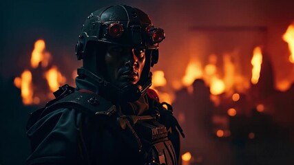 A man wearing a helmet and goggles standing in front of a fire