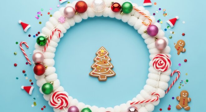 Colorful Christmas wreath with sweets and decorations on light blue background